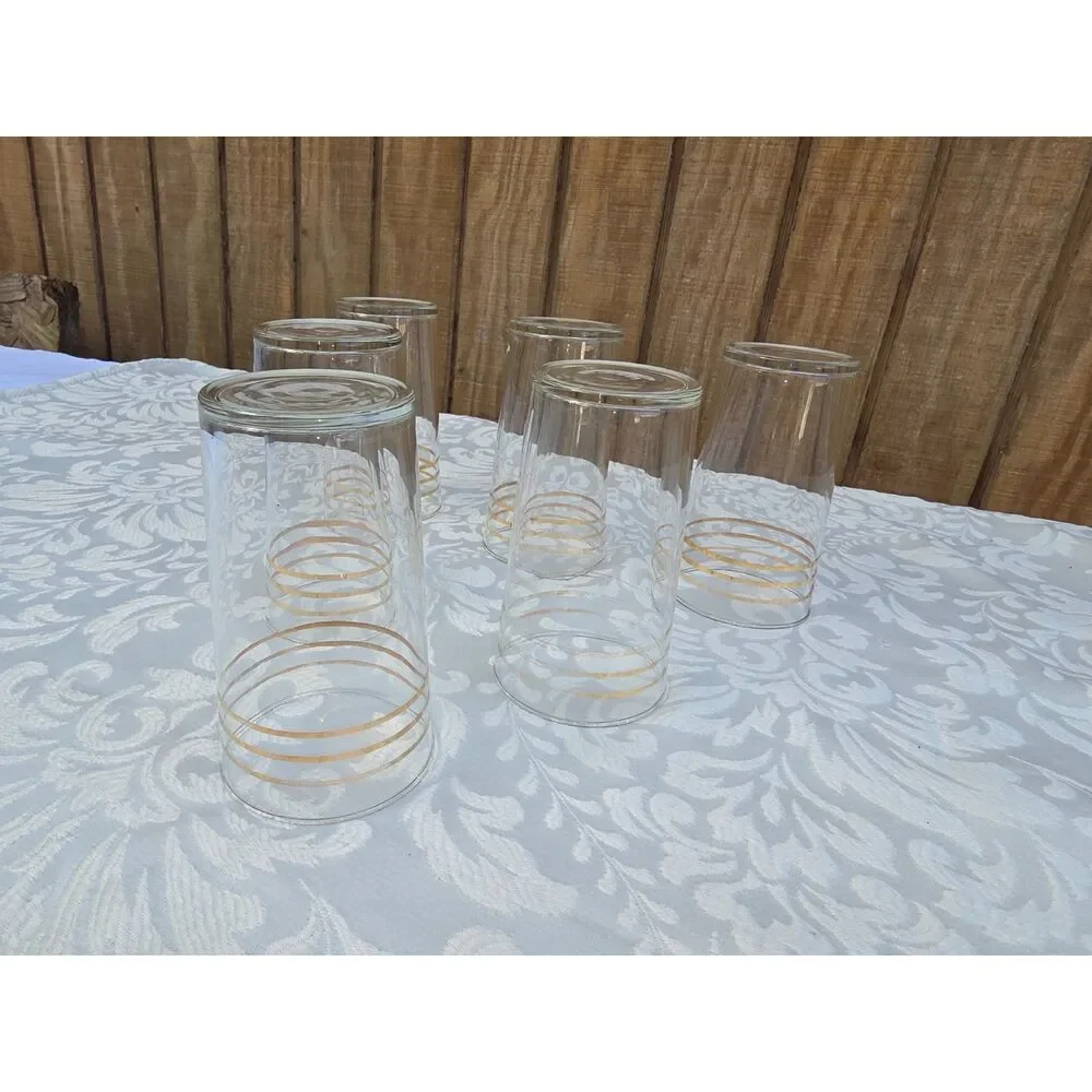 Lot of 6 Vintage  Gold Rimmed MCM High Ball Glasses Cocktail Glass
